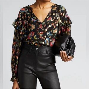 LILOU Derek Lam Black Floral Print Metallic Gold Long Sleeve Ruffle Blouse